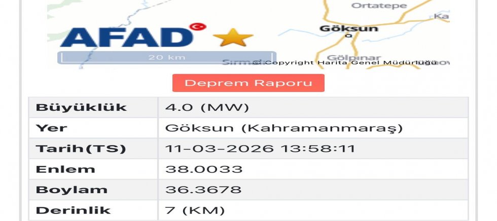GÖKSUN’DA 4.0 BÜYÜKLÜĞÜNDE DEPREM