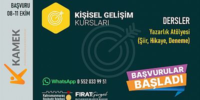 Kahramanmaraş Büyükşehir Belediyesinin Yazarlık Atölyesi’nde yeni dönem başvuruları başladı. Büyükşehir Belediyesinin internet adresinden çevrimiçi yapılabilen başvurularda son gün 11 Ekim Cuma.