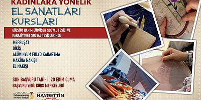 Kahramanmaraş Büyükşehir Belediyesinin ‘Kadınlara Yönelik El Sanatları Kursları’nda yeni dönem kayıtları başladı. 5 farklı branşta ücretsiz olarak düzenlenecek eğitimlere son başvuru 20 Ekim Cuma.